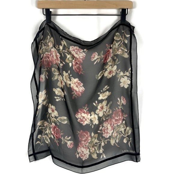 Laura Ashley Accessories - LAURA ASHLEY Dark Academia Rose Print Sheer Black with Velvet Trim Signed 20x21